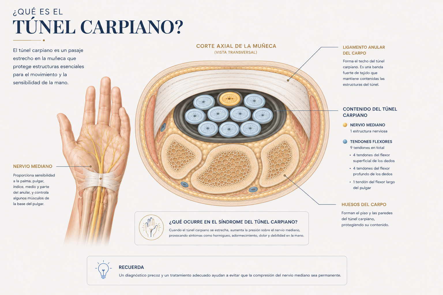 Infografía del túnel carpiano: vista anatómica de la mano y corte transversal de la muñeca mostrando el nervio mediano, los nueve tendones flexores, el ligamento anular del carpo y los huesos del carpo