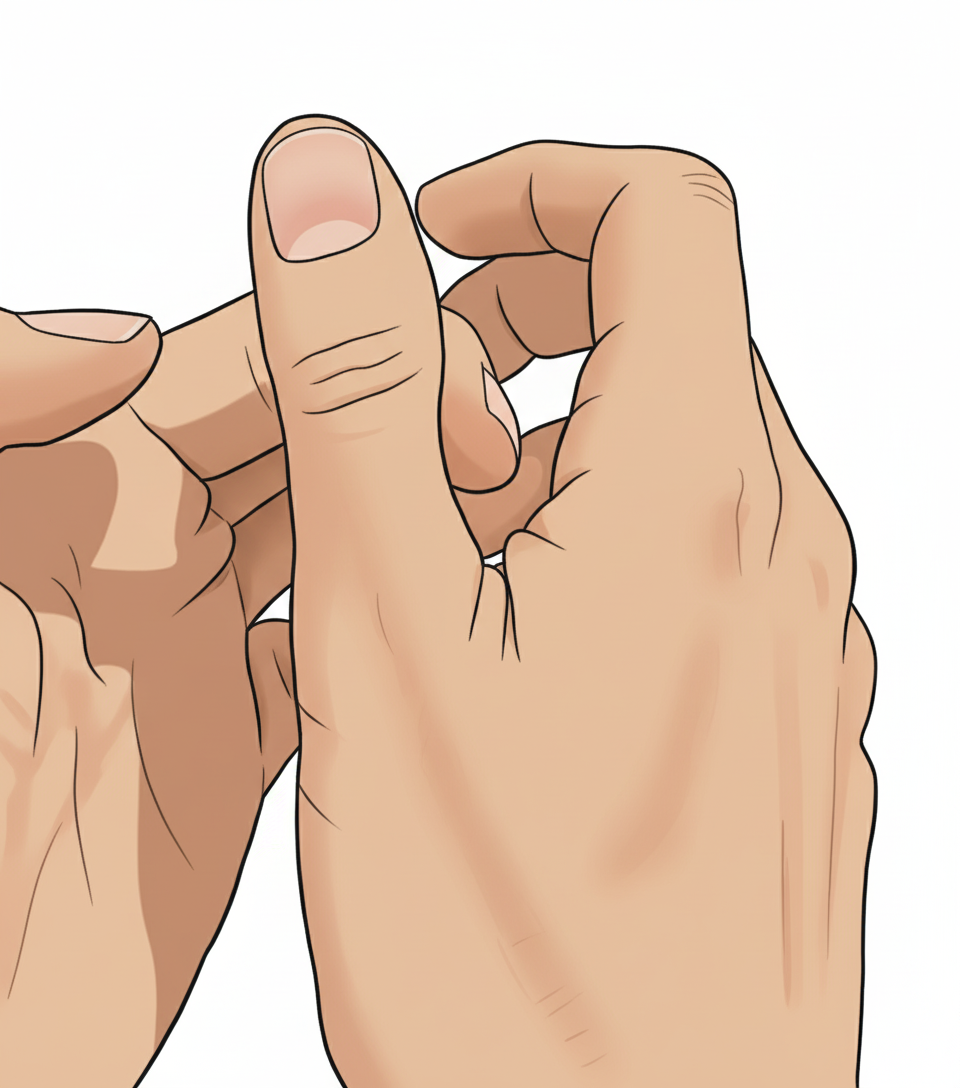 Ejercicio de abducción palmar del pulgar en rizartrosis: pulgar empujando en oposición contra el dedo índice de la otra mano