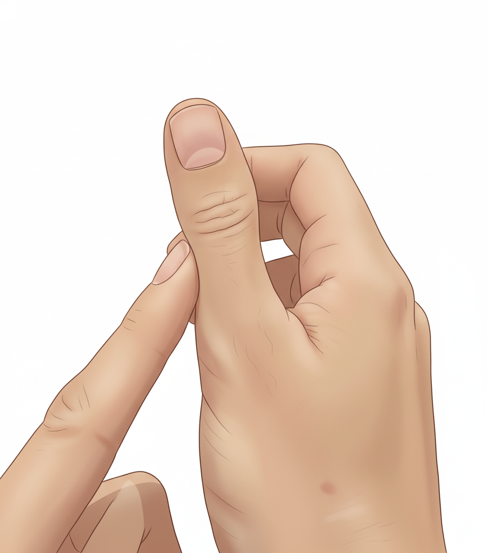 Ejercicio de abducción radial del pulgar en rizartrosis: pulgar en posición de autostop presionando contra el dedo índice de la otra mano