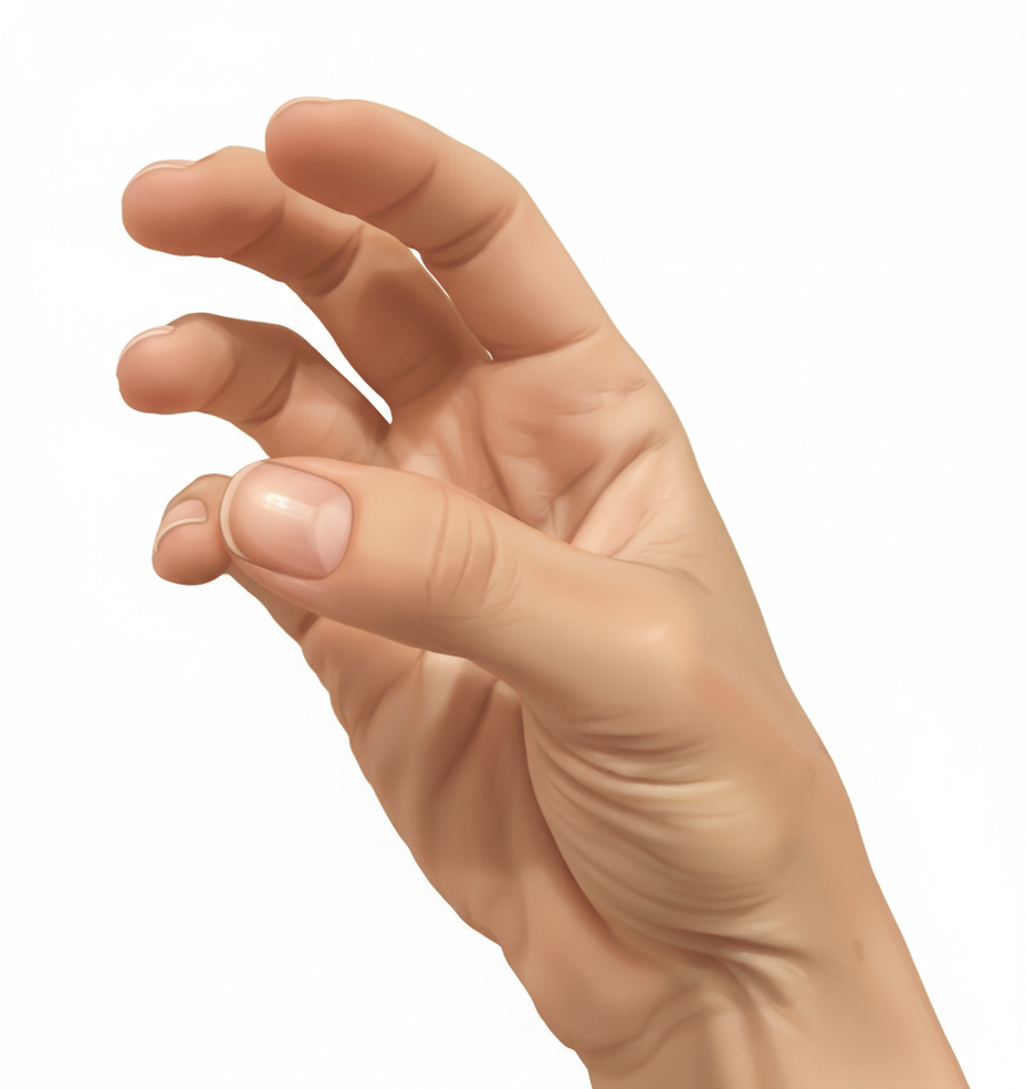 Ejercicio de oposición completa del pulgar en rizartrosis: mano abierta con el pulgar separado, punto de partida del gesto de oposición