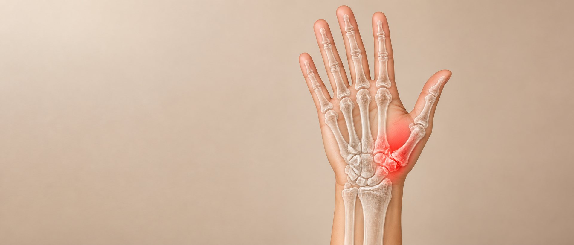 Ilustración de la mano con la articulación de la base del pulgar resaltada en rojo
